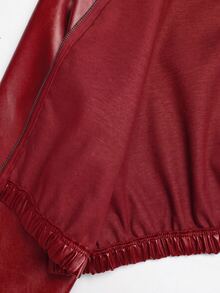SHEIN 青少年女孩純色PU皮革拉鍊休閒百搭日常長袖夾克 - 紅色 - 查看 12