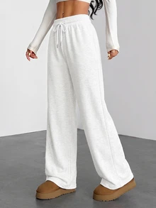 SHEIN PETITE Women's Drawstring Waist Solid Color Casual Daily Long Pants - Light Grey - View 5