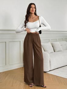 SHEIN Tall 女款黑色高腰寬腿長褲，優雅商務休閒工作西裝褲，高挑百搭純色秋冬款老錢風正裝褲 - Volcanic Gray - 查看 7