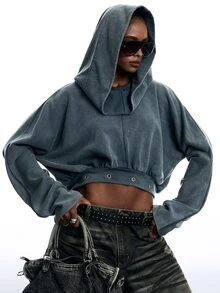 LYSMO Women's Solid Color Eyelet Decor Casual Daily Sweatshirt Autumn Clothes Y2K Sweatshirt Going Out Outfit - Grey - View 1