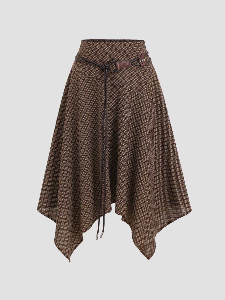Sweetra Vintage Plaid Asymmetrical Skirt For Vacation - Coffee Brown - View 1