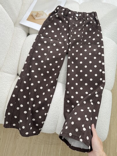 Girls' Coffee Brown Polka Dot Wide Leg Pants, Loose Straight Leg, Stylish Versatile Casual 100% Cotton Denim Jeans, Flattering Snug Fit Fit, Essential For Daily School, Outings, Vacation Style, Korean Style Polka Dot, Blogger Inspired Style, Suitable For Daily School, Vacation, Thanksgiving, Christmas
