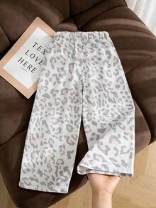 SHEIN Explorewe 女童牛仔長褲 秋季新款 淺灰色豹紋與粉色波點 Y2K 風格 高級棉質牛仔布 鬆緊腰帶抽繩設計 寬鬆版型 全季穿著 適合外出與上學 - 白色 - 查看 2