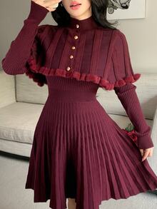 Feyla Women's Ribbed Long Sleeve Sweater Dress With Button Cropped Cardigan 2 Pieces Set - Burgundy - View 4