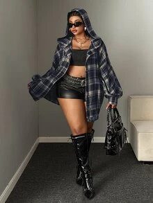Maweii Plus Size Long Sleeve Vintage Slouchy Plaid Hooded Casual Lightweight Jacket - Navy Blue - View 3
