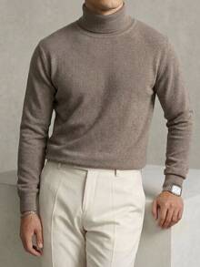 DAZY Spring/Autumn Solid Brown Textured Knit High Neck Fitted Base Layer Commute Korean Style Long Sleeve Men's Sweater - Grey - View 7