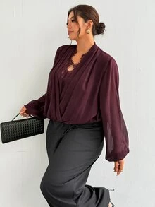Firerie Plus Size Women's Lace Patchwork Casual Daily Wear Blouse - Red Violet - View 5