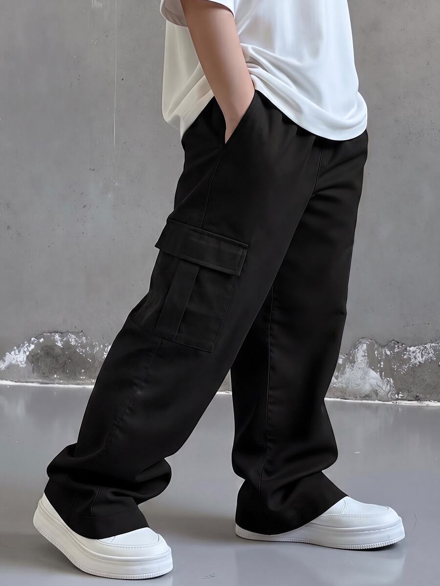 SHEIN 兒童青少年男孩休閒日常舒適工裝直筒寬鬆長褲,黑色工裝褲,新年,六七歲,適合外出、約會、上學,春夏秋冬四季皆宜 - 黑色 - 查看 1