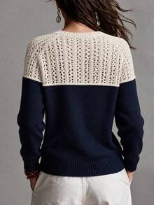 Penseblé Women's European & American French Style Hollow-Out Ruffle Collar Colorblock Knit Cardigan, Gentle Elegant Lace Round Neck Sweater Jacket Top - Blue - View 2