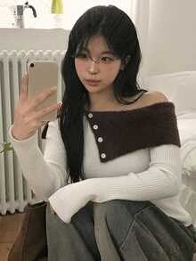 DAZY Women's Colorblock Off-Shoulder Casual Daily Long Sleeve Sweater Fall - White - View 6