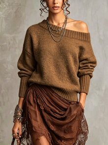 SHEIN 秋冬女款單肩針織鬆垮毛衣，寬袖寬鬆版型，柔軟舒適保暖針織衫 - 棕色 - 查看 4