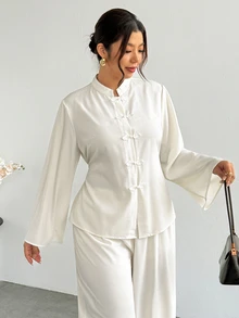 Firerie Plus Size Vintage Frog Button Long Sleeve Shirt And Loose Pants 2 Pieces Set - Beige - View 4
