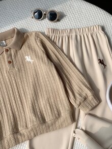 SHEIN 2件組小男孩秋冬休閒騎士印花運動衫與長褲套裝，秋冬校服套裝 - 彩色 - 查看 3