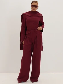 MUSEYN Burgundy Red Tailored Pleated Suit Trousers Versatile Everyday Casual New Season Fall - Burgundy - View 1