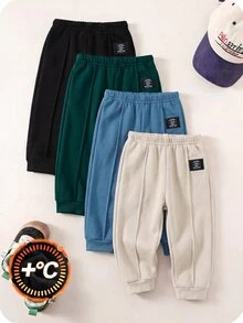 SHEIN 4件組嬰兒男孩與女孩可愛秋冬休閒百搭純色鬆緊腰長褲套裝，男孩慢跑長褲百搭多件組 - 彩色 - 查看 3