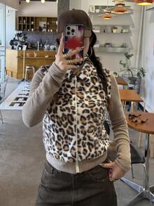 DAZY Women's Autumn/Winter Leopard Print Colorblock Short Casual Streetwear Knit 2 In 1 Jacket With Faux Fur Everyday Black And White Leopard Print - Brown - View 4
