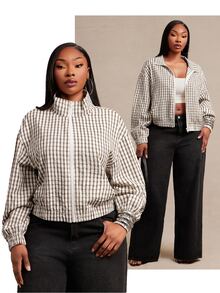 SHEIN SXY Áo khoác nữ size lớn họa tiết kẻ ô, kéo khóa, tay dài, mùa thu - Màu be - Xem 2