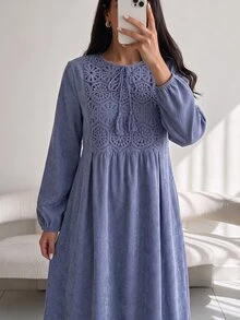 Yasmyna New Embroidered Patchwork Waist-Cinching Comfortable Loose Casual Vacation Daily Versatile Dress - Blue - View 3
