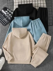 SHEIN 6件組兒童青少年男孩休閒學院風運動3D字母印花連帽衛衣長袖運動衫與長褲套裝，適合通勤、上學、日常休閒穿著、外出、運動，秋冬適用 - 彩色 - 查看 2