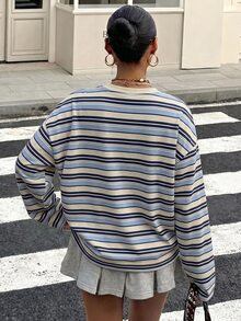 SHEIN EZwear 休閒簡約圓領長袖寬鬆T恤，適合夏季 - 藍色 - 查看 3