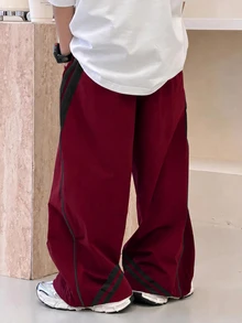 SHEIN Little Byeori 兒童青少年男孩休閒運動長褲，聖誕紅配色運動休閒款，適合春夏秋冬，情人節、夏季穿著、家庭聚會、返校季、婚禮季、運動、生日派對 - 紅色 - 查看 4