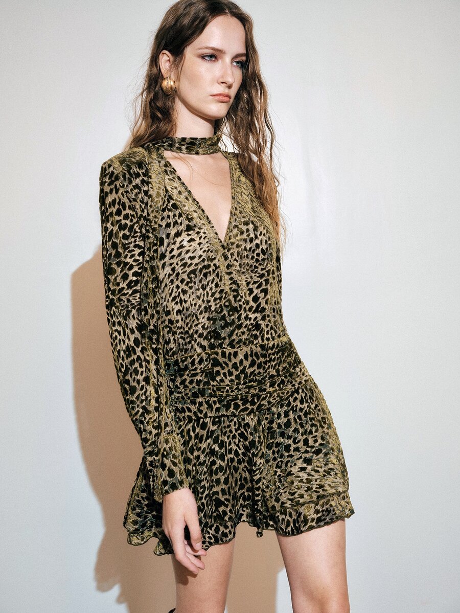MOTF PREMIUM Velvet Jacquard Deep V-Neck Short Long Sleeve Dress, Autumn/Winter - Olive Green - View 1