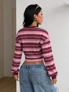 Coolane 女款秋季四季通用外出休閒可愛復古日常穿著返校條紋拼色粉色修身長袖收腰上衣 - 粉色 - 查看 7