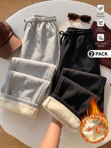 SHEIN EZwear 秋冬女款保暖內裡加厚寬鬆休閒寬腿運動褲2件套，買1送1，超保暖，適合日常通勤、約會、派對、秋冬、夏季、婚禮、海灘、畢業典禮，優雅休閒，適合外出，Y2K風格，聖誕節等 - 彩色 - 查看 1