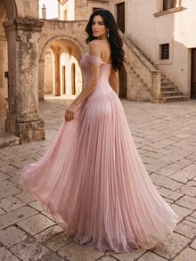 Coutiva Women's Rhinestone Embellished Pleated Waist-Cinching Slimming Elegant Strapless Evening Dress - Pink - View 6