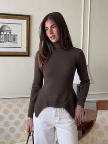 Siren Gaze Women's Solid Color High Neck Long Sleeve Asymmetric Hem Sweater - Chocolate Brown - View 6