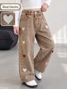 SHEIN Girls' Loose Straight Leg Long Pants, Coffee Color Washed High-End Fabric With Cotton Denim Feel, Comfortable For All Seasons, Y2K Style Fashion Cute Streetwear, Multi-Color Heart Embroidery - Brown - View 1