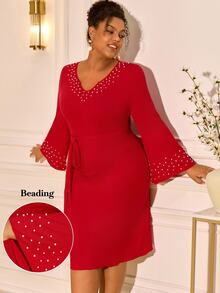 BrightlyHer Plus Size Elegant Beaded Decor Evening Dress - Red - View 10