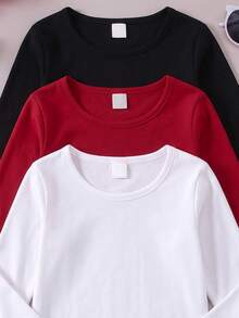 SHEIN Elladie kids 少女休閒純色百搭時尚羅紋針織圓領長袖柔軟內搭 T-shirt 上衣套裝，黑色紅色白色，聖誕派對秋季風格 - 彩色 - 查看 5
