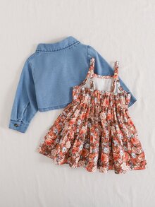 SHEIN 2件組幼女牛仔外套＋層次洋裝，甜美藍橘花卉印花，荷葉邊長袖領口設計，休閒正裝秋季保暖公主風可愛套裝 - 棕色 - 查看 10