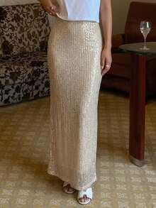 DAZY Nude Fine Sequin Elastic Waist Fully Lined Fashion Skirt - Gold - View 8