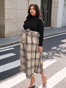 Momance Plus Size Maternity Dress Long Sleeve Waist Tie Plaid Dress Autumn/Winter Fall - Black - View 3