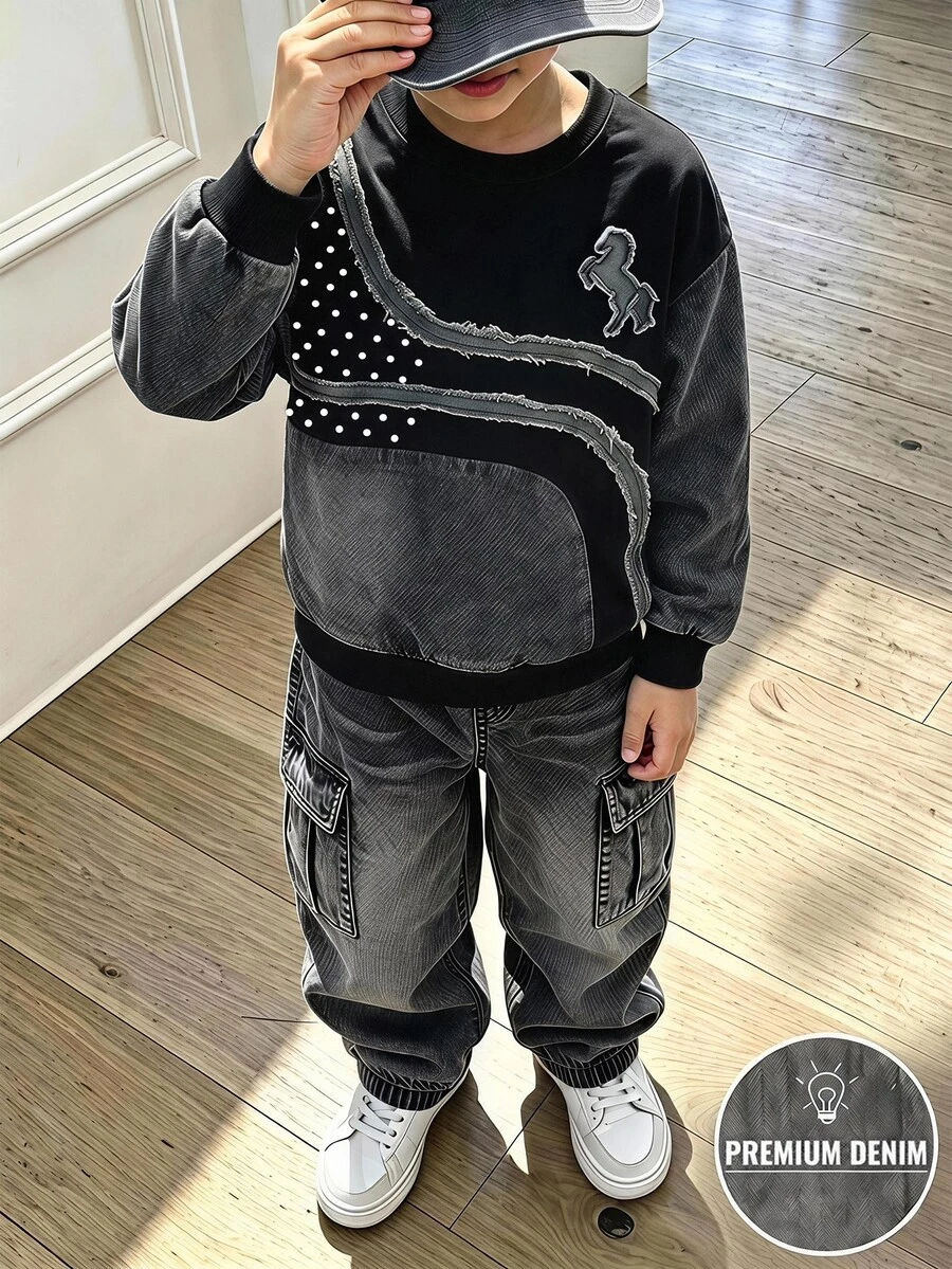 2件組小男孩時尚簡約舒適圓領衛衣與工裝褲套裝,簡約酷感英文字母滿版印花設計,適合假期派對聚會,休閒舒適,小男孩春夏秋冬首選時尚休閒穿搭,春夏秋冬街頭風,外出休閒穿搭,返校派對 - 黑色 - 查看 1