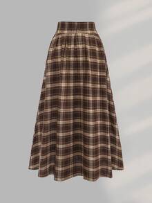 Sweetra CURVE 大尺碼高腰百褶休閒 1950 年代復古純色日常棕色長裙 女款套裝 感恩節 畢業季 度假 冬季 - 咖啡棕 - 查看 2