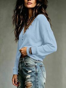 SHEIN Sweater Kasual Wanita Warna Polos Leher V, Modis, Cocok untuk Perjalanan Sehari-hari, Warna Biru Muda, Musim Gugur - Dusty Blue - View 3