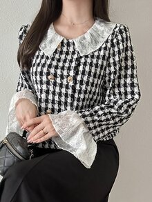 FRIFUL Blus Wanita Kasual Serbaguna Motif Kotak-kotak dan Renda untuk Perjalanan Sehari-hari - Hitam - View 7