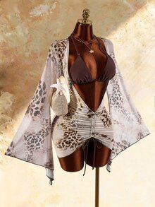 Amplova Women's 3 Pieces Solid Color Bikini Set Ruffled Bell Sleeve Cover-Up, Vintage Sexy Avant-Garde, Cute Mini Swimwear Hot Springs Beach Brown Summer - Brown - View 3
