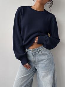SHEIN BASICS 女款素色圓領長袖休閒基礎款寬鬆針織衫 淡黃色 秋冬日常早午餐校園穿搭 - 藏蓝色 - 查看 5