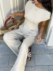 SHEIN EZwear 女款純色百褶上衣與長褲休閒日常套裝 - 杏色 - 查看 3