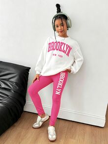 SHEIN 2件組 青少年女孩字母印花針織連帽衛衣 + 針織內搭褲套裝，休閒街頭風時尚百搭，秋季校園穿搭，粉色與白色 - 玫紅色 - 查看 5