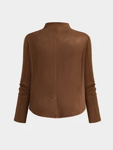 LanaWest CURVE Plus Size Women's Autumn Solid Color Suede Open Front Double-Breasted Blazer With Lapel, Cinched Waist And A-Line Hem, Elegant Commuter Jacket Fall - Dusty Pink - View 2