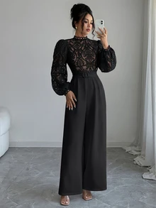 GlowEve Elegant Multi-Occasion Date Night Small Stand Collar Lace Embroidered Patchwork Jumpsuit - Black - View 6