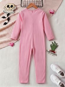 Elladie kids Girls' Skull Print Slim Fit Jumpsuit, Soft Fabric, Back Zipper Easy To Wear, Suitable For Halloween, Party, Outing And More - Pink - View 2