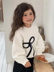 Dazy Kids Sweater Leher Bulat Lengan Lentera Tanpa Bahu dengan Hiasan Pita untuk Anak Perempuan - Krem - View 6