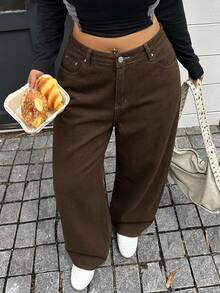 Dazy Plus Loose Fit Solid Color Street Casual Curved Leg Long Jeans With Rivet Design, Spring/Autumn/Winter - Brown - View 3