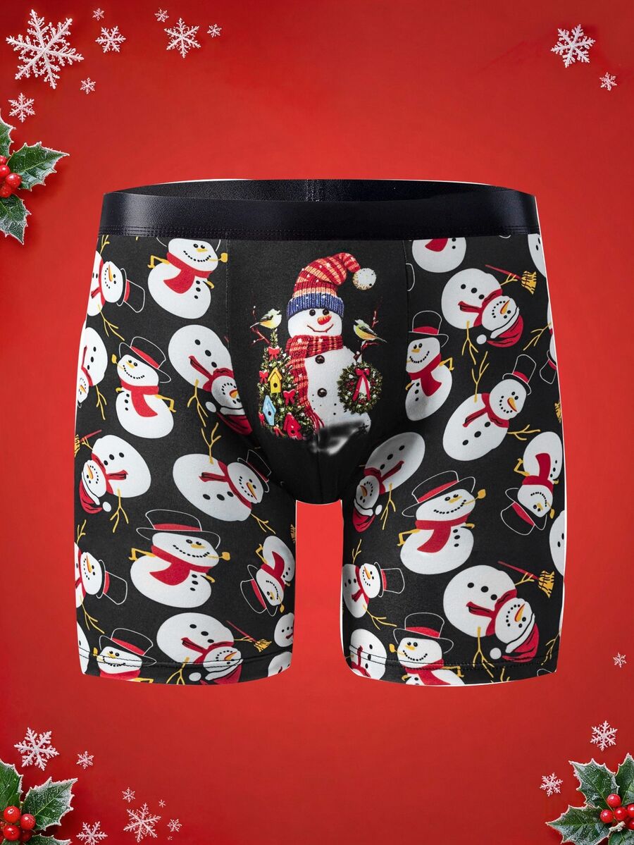 Notgurli Festive Christmas Cute Snowman With Wreath Bird AllOver Print Men Boxer Briefs, Elastic Waist Soft Breathable Holiday Party Underwear - Multicolor - View 1
